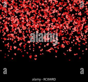 Rosso e cuori rosa che cadono dal cielo. Il giorno di San Valentino pattern con i confetti fatta di cuori. Illustrazione Vettoriale per vacanza su sfondo nero. Illustrazione Vettoriale