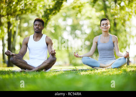 Calma giovane facendo yoga nel parco Foto Stock