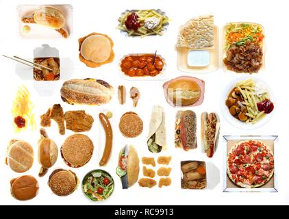 Varie fast-food pasti, hamburger, salsicce e patate fritte, pizza, Döner Kebab, hot dogs, steak sandwich Foto Stock