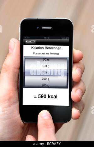 Iphone, smart phone, app sullo schermo, Calorie calcolatrice Foto Stock