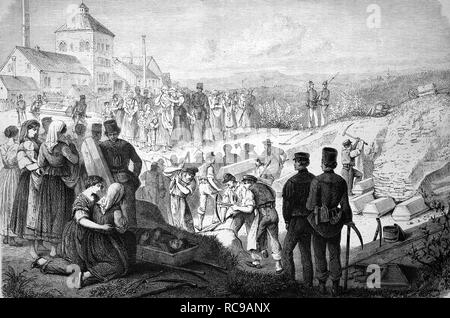 La sepoltura delle vittime del Segen-Gottes-Schacht catastrofe mineraria di Burgk, Turingia, Germania, storico xilografia, c. 1880 Foto Stock