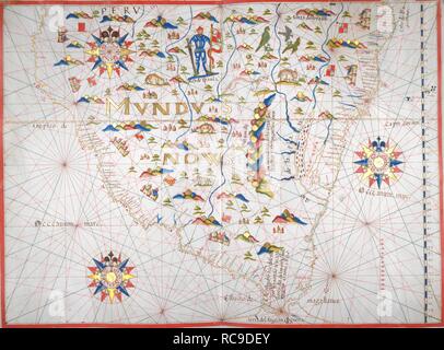 Costa meridionale del Sud America. Portolano. Spagna; prima del 1600. [Intero grafico] Grafico della costa meridionale del Sud America. Al centro, il Re di Spagna di indossare la corazza tiene una spada e banner immagine presa dal Portolano. Originariamente pubblicato/prodotti in Spagna; prima del 1600. . Fonte: Aggiungi. 9814, No.7. Lingua: Spagnolo. Foto Stock