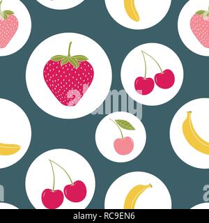 Seamless pattern multicolore di fragole, ciliegie, banane nei cerchi bianchi. Illustrazione Vettoriale Illustrazione Vettoriale