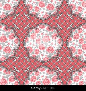 Seamless pattern in stile barocco con rose ad acquerello Foto Stock