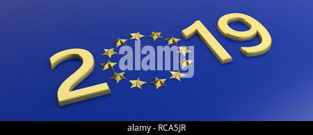 Unione europea parlamento europeo 2019 elezione. Oro 2019 numero e un golden stars cerchio su sfondo blu. 3d illustrazione Foto Stock