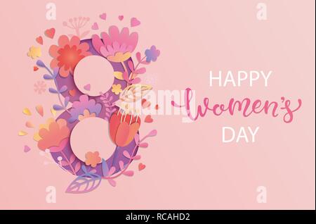 La Giornata internazionale della donna. Banner, flyer per il 8 marzo la decorazione da fiori di carta e disegnati a mano scritte. Congratulazioni e augurando happy holiday card per newsletter, brochure, cartoline. Vettore. Illustrazione Vettoriale