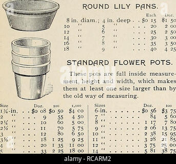 . Dreer dell'autunno catalogo : 1895. Lampadine (piante) cataloghi; fiori Semi cataloghi; attrezzature da giardinaggio e fornisce cataloghi; Vivai (orticoltura) cataloghi; semi di frutta cataloghi. Piazza tegami di sementi. Ogni Doz. ho ogni Doz. 6 pollici $020 $2 oo io-pollice .... Così 30 $3 00 Â" pollici 25 2 40 I 12 pollici 40 3 75 ROUND LILY PflNS. Ogni Doz. 4. deep â $0 15 Si 50 5 . 20 2 00 6 " â ¢ â ¢ 25 2 50 7 " â ¢ â ¢ 30 3 00 8 " - â ¢ 35 3 5Â° 9 . 40 4 25. diam. STANDARD di vasi per fiori. Questi vasi sono pieni all'interno di misura- ment, altezza e larghezza, che li rende almeno una dimensione maggiore di dal vecchio modo di Foto Stock