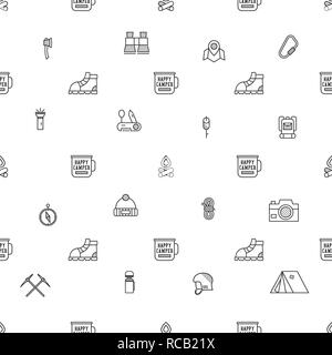 Campeggio Design Pattern - Avventura all'aperto in background senza soluzione di continuità con i simboli di camp e wanderlust elementi in linea stile d'arte. Nizza per il campeggio adventure tee, abbigliamento, imballaggio, stampe. Vettore di stock Illustrazione Vettoriale