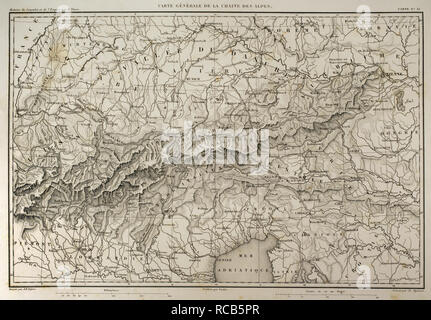 Mappa della catena montuosa delle Alpi. Atlas de l'Histoire du Consulat et de l'impero. La storia del consolato e l Impero di Francia sotto Napoleone da Marie Joseph Louis Adolphe Thiers (1797-1877). Disegni di Dufour, incisioni da Dyonnet. Edito in Parigi, 1864. Foto Stock