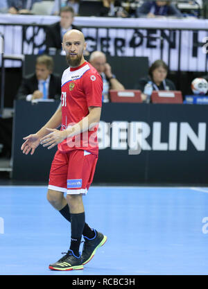 Berlino, Germania. Xiv gen, 2019. Pallamano IHF Uomini del Campionato del Mondo: Russia v Germania. Timur Dibirov per la Russia Credito: Mickael Chavet/Alamy Live News Foto Stock