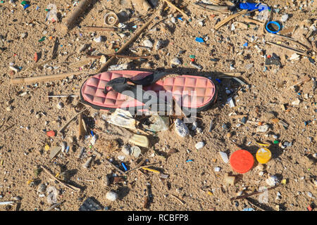 Beirut, Libano. Il 15 gennaio 2019. Un sandalo tra centinaia di oggetti di plastica e articoli di consumo abbandonati e lavato su di una spiaggia pubblica a sud di Beirut. Si stima che 1,1 a 8,8 milioni di tonnellate (MT) di rifiuti di plastica che entra nell'oceano dalla comunità costiere ogni anno e animali marini sono stati lesi da impigliamento in oggetti in plastica Credito: amer ghazzal/Alamy Live News Foto Stock