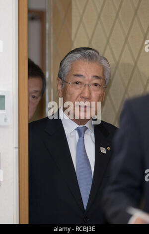 Tokyo, Giappone. 15 gennaio, 2019. In Giappone il Comitato Olimpico Presidente Tsunekazu Takeda arriva alla conferenza stampa tenutasi a Tokio, Giappone, Gennaio 15, 2019. Takeda ha negato le accuse di corruzione legati all'offerta vincente del 2020 Olimpiadi di Tokyo contro di lui il martedì. Credito: Du Natalino/Xinhua/Alamy Live News Foto Stock