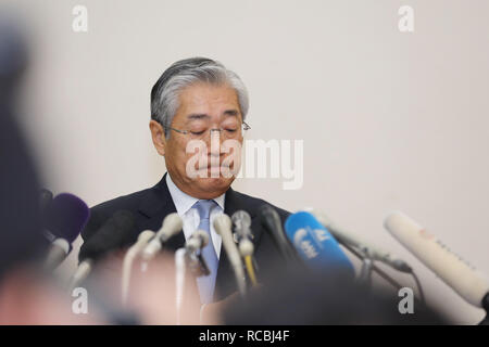 Tokyo, Giappone. 15 gennaio, 2019. In Giappone il Comitato Olimpico Presidente Tsunekazu Takeda assiste ad una conferenza stampa a Tokyo in Giappone, Gennaio 15, 2019. Takeda ha negato le accuse di corruzione legati all'offerta vincente del 2020 Olimpiadi di Tokyo contro di lui il martedì. (Xinhua/Du Natalino) Credito: Du Natalino/Xinhua/Alamy Live News Foto Stock