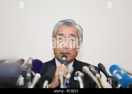 Tokyo, Giappone. 15 gennaio, 2019. In Giappone il Comitato Olimpico Presidente Tsunekazu Takeda assiste ad una conferenza stampa a Tokyo in Giappone, Gennaio 15, 2019. Takeda ha negato le accuse di corruzione legati all'offerta vincente del 2020 Olimpiadi di Tokyo contro di lui il martedì. Credito: Du Natalino/Xinhua/Alamy Live News Foto Stock