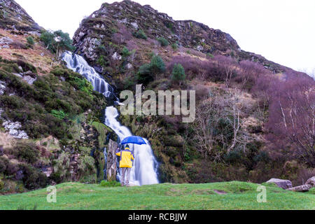 Assaranca cascata, Marghera, County Donegal, Irlanda. Il 15 gennaio 2019. La gente visita la cascata iconica anche in un giorno di pioggia d'inverno. Il nome 'Assaranca' traduce come "Cascata del grande Rat'. Credito: Richard Wayman/Alamy Live News Foto Stock