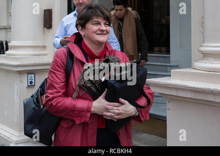 Londra, Regno Unito. 15 gennaio, 2019. Arlene Foster, leader dei democratici di partito unionista (DUP), lascia la British Academy dopo aver parlato con il lancio di "un affare migliore' Opuscolo con David Davis MP, Dominic Raab MP e signore Lilley. L'opuscolo presenta una serie di proposte per un'alternativa dell'Unione europea accordo di ritiro. Credito: Mark Kerrison/Alamy Live News Foto Stock