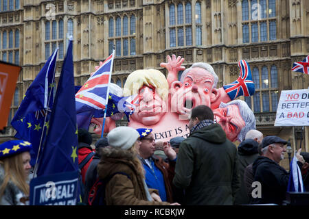 Londra, UK, 15 Gennaio 2019,contestatori raccogliere su College Green al di fuori della sede del Parlamento sul voto Brexit D-day. La votazione avrà luogo questa sera nonostante una serie di last-minute appelli a rebel Tory MPs a tornare alla sua UNIONE EUROPEA accordo di ritiro. Una sconfitta è probabile essere seguita da Jeremy Corbyn chiamando un voto di sfiducia nei confronti del governo. Credito: Keith Larby/Alamy Live News Foto Stock