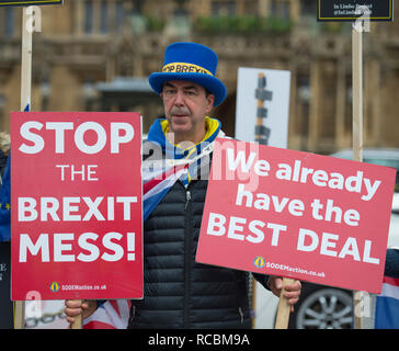 Westminster, Londra, Regno Unito. Il 15 gennaio, 2019. Dimostranti fuori le case del Parlamento il giorno in cui il "voto significativo" è stato votato per l'approvazione o il rifiuto di Theresa Maggio Brexit della trattativa. Credito: Malcolm Park/Alamy Live News. Foto Stock