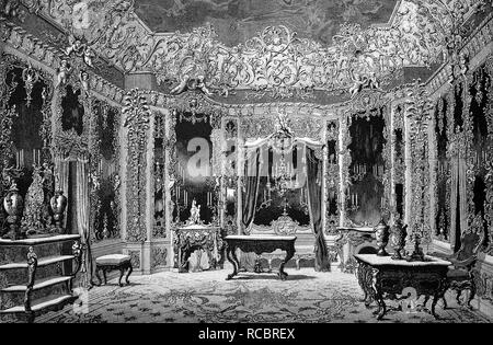 La sala degli specchi in Schloss Linderhof Palace, Ettal, Baviera, Germania, storica incisione su legno, 1886 Foto Stock