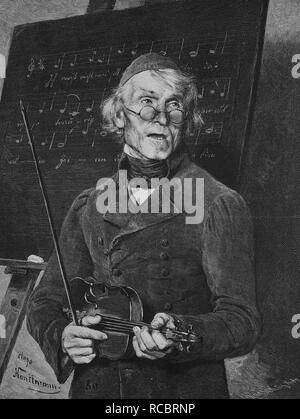 Anziani insegnante di musica in possesso di un violino, storica incisione, 1883 Foto Stock