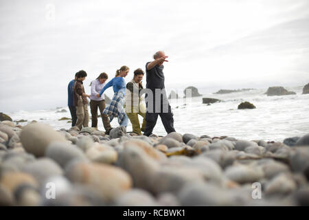 Gruppo di persone a piedi lungo una spiaggia tenendo le mani Foto Stock