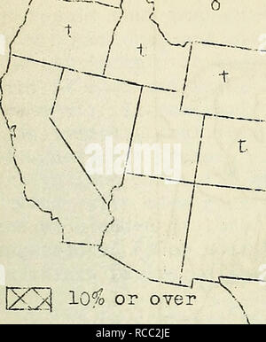 . Malattie delle piante negli Stati Uniti nel 1937. Le perdite di raccolto negli Stati Uniti le malattie delle piante negli Stati Uniti. MI85 J . } &Lt;. Â.-.-Z r- / X^-V^-- --^^ / , iZZl 5 a 5'9&GT;^ j non ombreggiate, meno di ^Â°/o. ho vuoto, nessuna stima segnalati.'^.j 7-' jfj-^ un ,â V.- v v i 'f / /// V ."ITXX ,x). Â â ¢ .&GT;-X t/- . Xv / / / f-^io?^ A. .-i-Ti-^- t. i i r ' i i vedere Fig. 24. I^'V&GT;^/&GT;'^-X^'.Tr ' f Stati Uniti 10 Fig. 25. Percentuale stimata di perdite dal gambo la ruggine del grano nel 1935 (*= più pesante ha riportato perdite per il sondaggio da parte dello Stato). Si prega di notare che queste immagini sono estratte dal Foto Stock