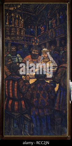 Il matrimonio del Granduca Vladimir I. Svyatoslavich (trittico, pannello centrale). Museo: Collezione privata. Autore: Yakovlev, Mikhail Nikolayevich. Foto Stock