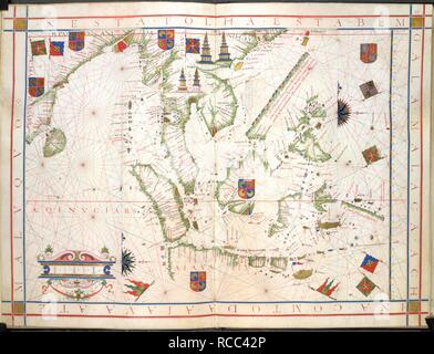 Malaysia e Indie Orientali. Universalis Orbis Hydrographia. Il Portogallo; 1573. (Intero) diagramma grafico dal Golfo del Bengala, la penisola Malese, il Mare della Cina del Sud di Sumatra e Borneo e Java immagine presa da Universalis Orbis Hydrographia. Originariamente pubblicato/prodotto in Portogallo; 1573. . Fonte: Aggiungi. 31317, SS27v-28. Lingua: Portoghese. Foto Stock