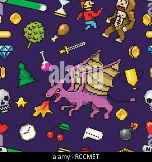 Arte pixel a 8 bit senza giunture di oggetti disegno. Retrò le attività di gioco. Set di icone. Vintage video computer portici. Caratteri pony dinosauro rainbow unicorn snake dragon monkey e monete, del vincitore del trofeo. Illustrazione Vettoriale