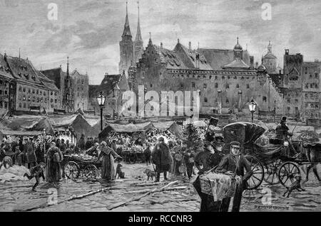 Mercato Kindleinsmarkt, san Tommaso" giorno a Norimberga, Baviera, Germania, la storica incisione su legno, circa 1897 Foto Stock