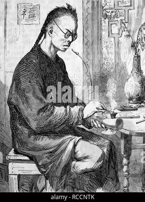 Lo studioso cinese, storica incisione su legno, circa 1888 Foto Stock