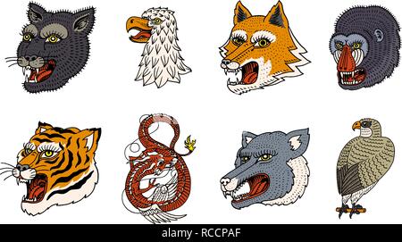 Testa di animale selvatico predatore. Puma Wolf Fox Tiger Eagle Falcon muso di scimmia e il Drago Cinese. Stile giapponese ritratti. Disegnato a mano monocromatico inciso vecchio bozzetto per i logo retrò. Close up. Illustrazione Vettoriale