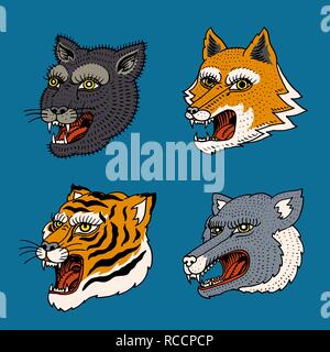 Testa di animale selvatico predatore. Puma Wolf Fox faccia Tiger. Stile giapponese ritratti. Disegnato a mano monocromatico inciso vecchio bozzetto per i logo retrò. Close up. Illustrazione Vettoriale