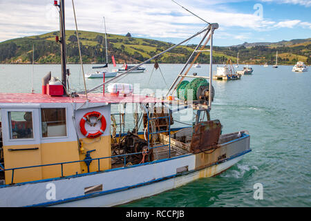 Akaroa, Nuova Zelanda - 7 Gennaio 2019: un pescatore ritorna con la sua cattura dopo una giornata di lavoro Foto Stock