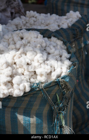 Sacchetti di materie, non trasformati, freschi raccolti in cotone marketplace Foto Stock