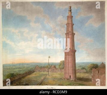 Il Qutb Minar. Uno dei più grandi monumenti di architettura islamica in India, il minareto fa parte di un complesso contenente alcune delle più antiche strutture di dominio musulmano nel paese. Hastings album. 1815. acquerello. Fonte: Add.o.4832. Lingua: Inglese. Autore: SITA RAM. Foto Stock