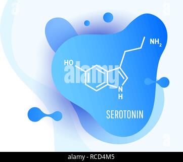 Il neurotrasmettitore serotonina molecola. Formula scheletrico su onda sfondo liquido. Illustrazione Vettoriale