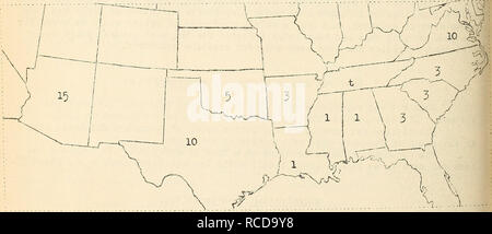 . Malattie del cotone, canna da zucchero, alberi da bosco, piante ornamentali e varie piante negli Stati Uniti in 1919. Le piante da fibra Malattie e Pesti Stati Uniti; zucchero colture Malattie e Pesti Stati Uniti; gli alberi Malattie e Pesti Stati Uniti; piante ornamentali, malattie e pesti negli Stati Uniti. Fig. 47' "^^^ presente noto iieoj^raphical distribuzione di Qzonium omnivo- rum su cotone in base ai record della malattia vegetale sondaggio.. Fig. 4^. Percentuale stimata riduzione nella resa da tutte le malattie diverse da antracnosi, vuoi, focaccia angolare spot e nodo radice. Tra le malattie conce Foto Stock