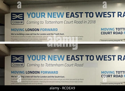 Le foto non datata prima (in alto) e dopo di segnaletica Crossrail a Londra la stazione di Tottenham Court Road con riferimenti a Crossrail apertura nel dicembre 2018 coperti. Foto Stock