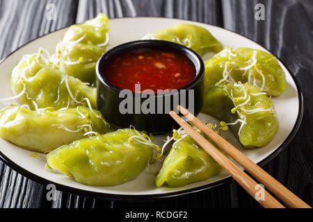 Gyoza gnocchi con matcha servito con salsa e microgreen close-up su una piastra sul tavolo orizzontale. Foto Stock