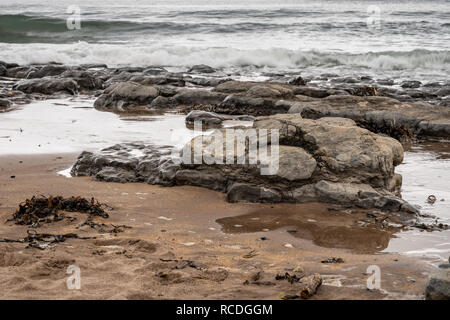 Grandi pietre su una spiaggia con acqua avvicinando in background, visto a Cocklawburn Beach vicino a Berwick-upon-Tweed in Northumberland, England, Regno Unito Foto Stock