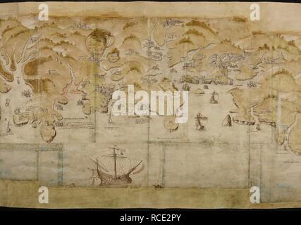 [Parte del rullo] Mappa della costa tra Fowey e Salcombe, compresa Plymouth. Parte di una mappa panoramica della costa dal Land's End a Exmouth. Mappa delle contee di Cornwall e di Devon (Henry VIII€™s la difesa costiera mappe.). Inghilterra; circa 1539. Fonte: Cotone Augusto I. i. 38. Lingua: Inglese. Foto Stock