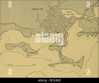 . Rapporti di ricerca. Discovery (nave); spedizioni scientifiche; Ocean; Antartide; Isole Falkland. 3i8 scoperta riporta la mole e barriere coralline, tra il Parador e il ponte con esemplari di float-lunghezza 18 cm. circa. In esecuzione nella direzione del vento era per una distanza misurata di 150 m. tra la parete A del Parador spazio antistante e una seconda parete, B a est vicino al palco per spettacoli (Testo-fig. 7). La barca è stata presa fino a un punto contrassegnato C in text-fig. 7 in linea con la parete B. un cross-cuscinetto mantenuto esterna o. O 50 IOO ' â I 1 L testo-fig. 7. Physalia physalis. Grafico di Arrecife, Canarie ho Foto Stock