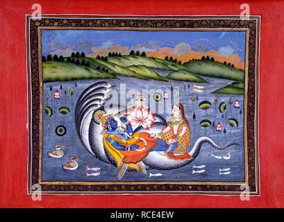 Vishnu e Lakshmi. Il Bhagavatapurana. (Purana del Beato signore). 1806. Secondo la mitologia indù, Sesha Naga o Ananta (un immenso serpente con diverse teste) avvolto a spirale per fare un letto di Vishnu (il guardiano dell'Universo). Egli è sdraiato sul suo corpo e Lakshmi, alla sua consorte, è seduto ai suoi piedi. Un fiore di loto cresce di Vishnu'ombelico su cui Brahma, il creatore dell'universo, è seduto. Immagine presa dal Bhagavatapurana. (Purana del Beato signore). Originariamente pubblicato/prodotta nel 1806. . Fonte: o. 13805, f.100. Lingua: sanscrito. Foto Stock