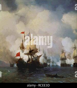 La battaglia navale di Chesma il 5 luglio 1770. Museo: I. Ayvasovsky Galleria d'Arte Nazionale, Teodosia. Autore: AIVAZOVSKY Ivan Konstantinovich. Foto Stock