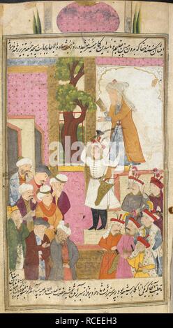 Shah Isma'il in piedi sui gradini del pulpito in moschea a Tabriz avente il sermone letto in sua presenza nel nome dei Dodici Imam il venerdì che precede la sua incoronazione al trono vacante di Azerbaigian (1501). La storia di Shah Isma'il. Isfahan, Iran, c.1650. Fonte: o. 3248, f.74. V.o. persiano. Autore: Mu'in Musavvir. Foto Stock