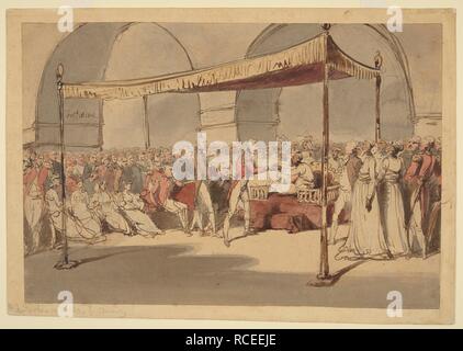 General maggiore l'on. Arthur Wellesley essendo ricevuti in durbar presso il Palazzo Chepauk Madras da Azim al-Daula, Nawab del Carnatic, 18 febbraio 1805. Wellesley viene introdotto da una languida Lord William Cavendish Bentinck, il governatore di Madras, in entrambe le figure in piedi nella parte anteriore del Nawab seduto sulle sue â€˜masnad,â€™ mentre è seduto su un divano dietro sono Admiral Pietro Ranieri, comandante della flotta nelle Indie Orientali e il generale Sir John Caradoc, commander-in-Chief Madras. Varie mogli siano inseriti nelle vicinanze e degli altri ufficiali e funzionari della Corte stanno intorno. Inscritto in artis Foto Stock