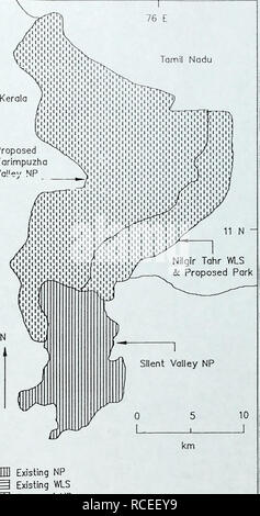 . Elenco delle proposte di Nilgiri Riserva della Biosfera: progetto. Proposta Karimpuzha Vai.ie" NP. m esistenti di NP g esistente WLS CA propose NP Source- Rodgers, W.A. e Panwar, H.S. (1988). Pianificazione di una fauna selvatica protected area network in India. I volumi I e II. Wildlife Institute of India, Dehra Dun. 341 pp e 267 pagg.. Si prega di notare che queste immagini vengono estratte dalla pagina sottoposta a scansione di immagini che possono essere state migliorate digitalmente per la leggibilità - Colorazione e aspetto di queste illustrazioni potrebbero non perfettamente assomigliano al lavoro originale. Atkinson, R. I. , Bashir, S. , WCMC. WCMC Foto Stock