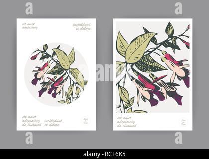 Botanical invito a nozze card modello di progettazione, disegnati a mano rosa fucsia fiori e foglie con cerchio, pastello vintage tema rurale con quadrato fram Illustrazione Vettoriale