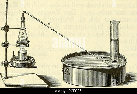 . Die wissenschaftliche Ausbildung des Apothekerlehrlings und seine Vorbereitung zum Gehülfenexamen : mit Rücksicht auf die neuesten Anforderungen. Farmacia; chimica; fisica; botanica; istruzione, farmacia. 150. Fig. 50. Salzsäure durch mormorare- ches Chlorgas Erhitzen und leite dasselbe durch die Glasröhre c in einen mit Wasser völlig un- gefüllten und in umge- kehrter Lage in der pneumatischen Wanne stehenden cilindro oder Glasflasche, bis Gas das die Flasche zur Hälfte gefüllt hat. Damit nicht zuviel Chlorgas vom Wasser verschluckt werde, benutze man lauwarmes Wasser zur Füllung von cilindro u Foto Stock